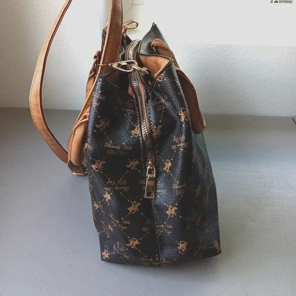Beverly Hills Polo Crossbody Handbag‎ Brown Tan Faux Leather Preppy Countryside - Picture 4 of 15